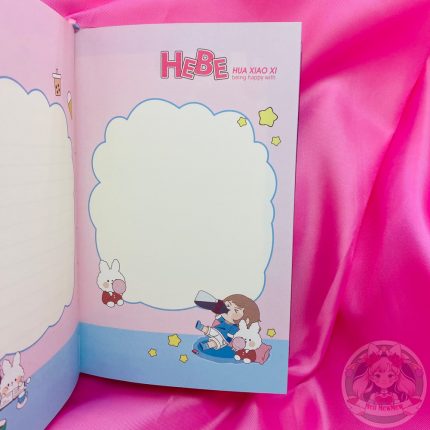 Hoja de color rosa y celeste con nube para anotar ideas. Decorado con dibujo de chica kawaii con conejo en la esquina inferior derecha.