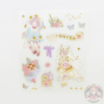 Plancha de stickers variados, mariposas, estrellas, plantas, dos chicas kawaii.