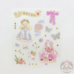 Plancha de stickers variados, mariposas, estrellas, plantas, dos chicas kawaii.